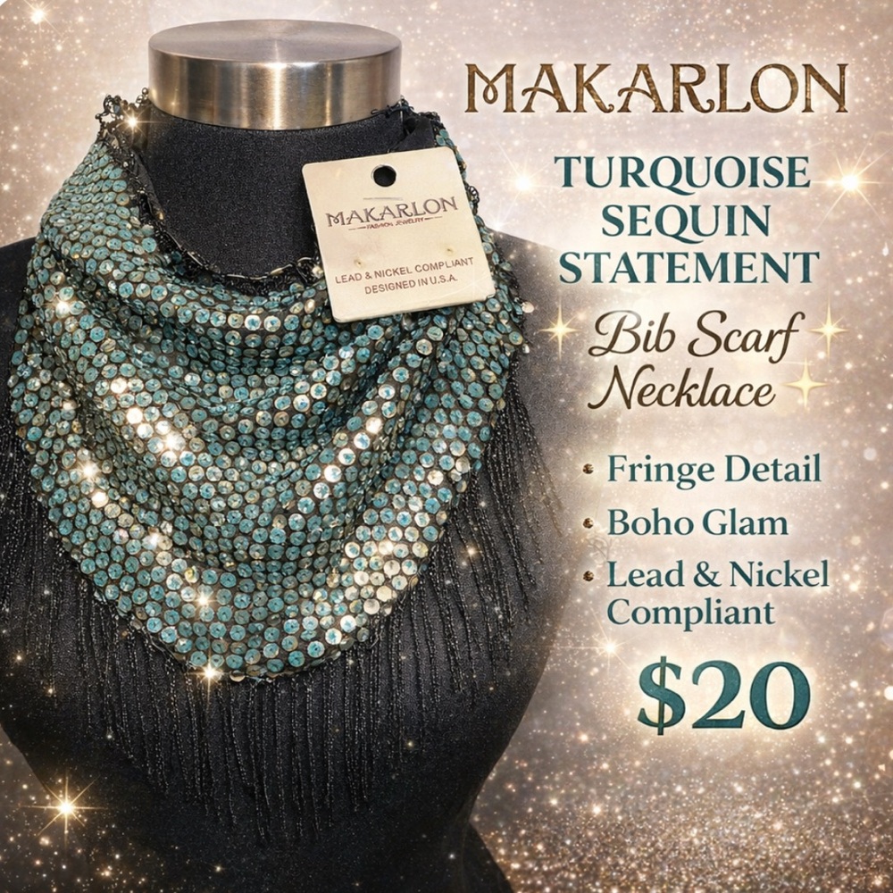 Makarlon Glitter Turquoise Sequin Bib Scarf Necklace • Fringe • Boho Glam, New